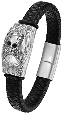 Flongo Herren Lerderarmband mit Totenkopf Kreuz ägyptischen Phara Vintage Tribal Totem Löwen Schloss Edelstahl Armband Kette Geflochten Armreif Magnet Verschluss Männer Schwarz Silber gold
