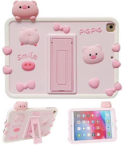 QoKcoahn Jolie coque pour iPad mini 6 (8,3), motif dessin animé 3D cochon rose avec support réglable, coque de protection en silicone souple pour enfants, filles et femmes