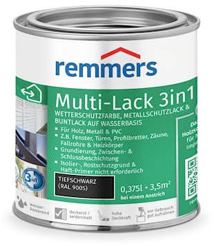Remmers Multi-Lack 3in1 tiefschwarz (RAL 9005), 0,375 Liter, Wetterschutzfarbe, Metallschutzlack & Buntlack auf Wasserbasis für Holz, Metall & PVC