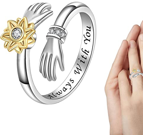 JPSDOWS Sonnenblume Fidget Spin Ringe Sie sind Meine Sonne, Daumenringe Initiale der Blume des Gänseblümchens - Verstellbare Daumenringe aus Sterlingsilber, Blumenring