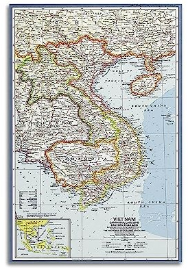 JONZA Karte Poster Vietnam Kambodscha Laos und Ostthailand Klassische Karte Dekorative Malerei Leinwand Wand und Kunst Bild Familie Schlafzimmer Dekor 24x36inch(60x90cm)