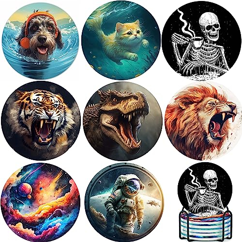 COKTAK Lot de 8 dessous de verre absorbants en céramique avec support, motif tête de mort de lion, tigre, squelette pour table à manger, bureau, astronaute, protection de table, bar, décoration