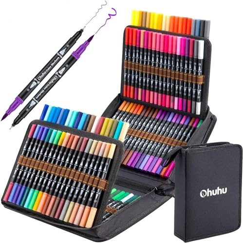 Ohuhu Maui 120 Farben Filzstifte Dual Brush Pen Set mit Doppelspitze (Pinsel & Fineliner), wasserbasierte Stifte für Erwachsene – Ideal für Bullet Journal Kalligraphie Mandala, inkl. Tragetasche