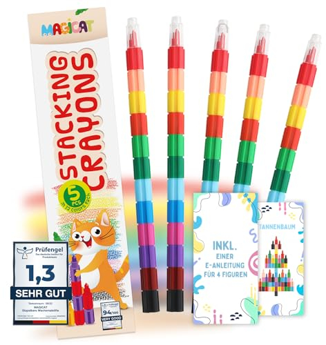 Magicat Stapelbare Wachsmalstifte I 60 einzelne Buntstifte für Kids in 12 Leuchtenden Farben I Ultimatives Mitgebsel Kindergeburtstag 6, 8, 10 Jahre