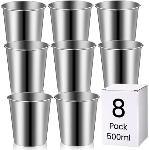 SOMLAW Edelstahl Tassen - 500ml Wiederverwendbare Metall Becher - 8 Stück Stapelbare Trink Gläser - Camping, Wandern, Outdoor, Indoor-Aktivitäten - Erwachsene Kinder Kleinkinder Anwendbar
