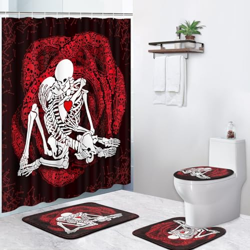 Pamnest Duschvorhang-Sets, Skelett, Totenkopf, rote Rose, wasserdicht, Badezimmer-Sets mit rutschfesten Teppichen, WC-Deckelbezug und Badematte, 12 Haken, modernes Badezimmer-Dekor, 183 x 183 cm,