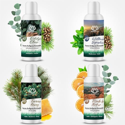NORDHOLZ® Saunaaufguss Set [5x100ml Atemfrei] besonderes & natürliches Sauna Aufgussmittel - intensiver & erholsamer Duft - Sauna Zubehör