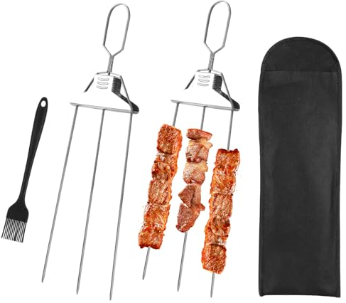 YUNYODA 3 Way Stainless Steel Kabob Skewers, Grill Skewers with Clean Brush and Bag for Outdoor Grill, Easy to Use Push Bar Slider, for Meat,Veggies,Marshmallow Roasting Sticks Grill Kabob Skewer