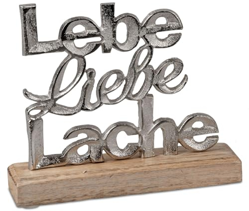 formano Schriftzug Lebe Liebe Lache Aluminium Mangoholz 18 cm Tischdeko Silber