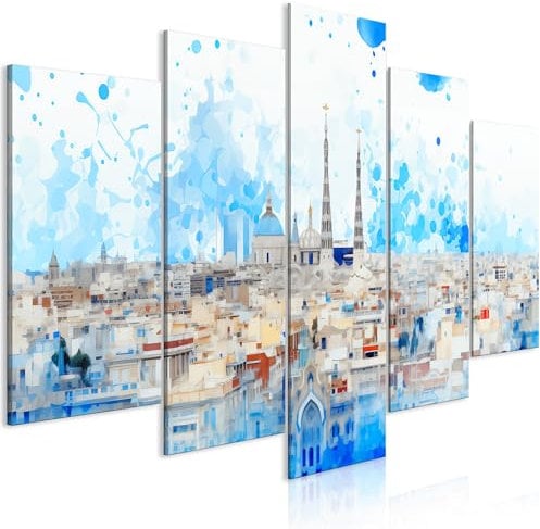 murando Akustikbild Landschaft 225x112 cm Bilder mit Akustikschaumstoff Hochleistungsschallabsorber Schallschutz Leinwandbild XXL 5 tlg Wandbild Barcelona Aquarelle Stadtpanorama d-H-10033-b-c