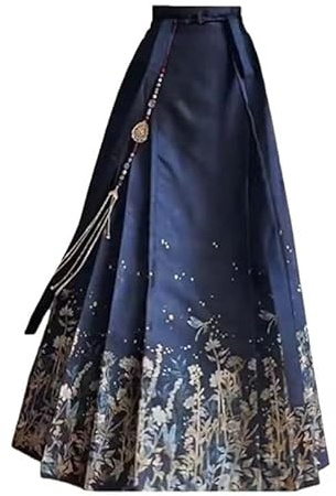 Faldas chinas for mujer, falda con cara de caballo, estampado étnico, falda larga plisada con lazo, ropa Hanfu