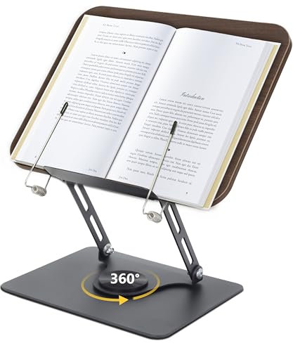 LYFETC Book Stand for Reading, Adjustable Book Holder with 360° Rotation Rase, Foldable Book Holder with Elastic Page Clips for Music Scores, Recipe, Magazines, Laptop - Black