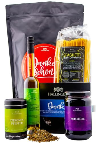 Hallingers Dankeschön XXL - Bedanken Wundertüte XXL Geschenkset Olivenöl, Pfeffer, Konfitüre, Tafel Schokolade & Spaghetti (Bag) - Geschenk im Sommer & als perfektes Grillgeschenk | Geburtstag Glückwu