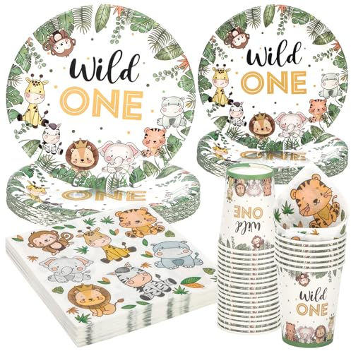 Party Go 96 piezas zoo fiesta vajilla fiesta accesorios con platos de papel tazas y servilletas para animales deportes temáticos cumpleaños baby ducha fiesta decoraciones