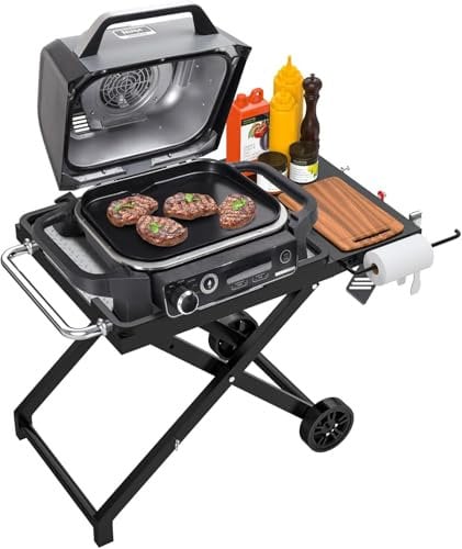 GriHero Folding Grill Stand for Ninja Woodfire Outdoor Grill, BBQ Table Grill Cart Trolley with Side Shelf for Ninja Woodfire OG700 OG800 OG900 OO101 Series Grill & Smoker