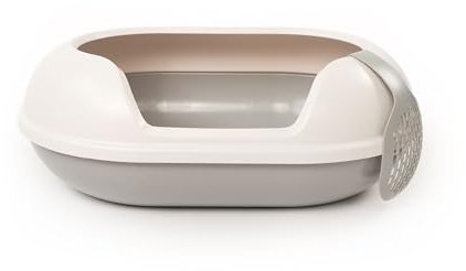 LucyBalu® Arena Katzenklo mit hohem Rand | große hop-in Katzentoilette geruchsfrei | modernes Design Katzenklo mit Einstieg von Oben | offenes XXL Katzen WC | inkl. Streuschaufel | grau/weiß