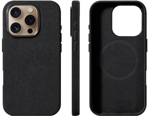 Alcantara Wildleder-Hülle für iPhone 16 Pro Max/16 Pro/16 Plus/16, kompatibel mit MagSafe Echtes italienisches Wildleder, handgefertigt, ultradünn, rutschfest, kratzfest, Schwarz (Schwarz, 16 Pro Max)