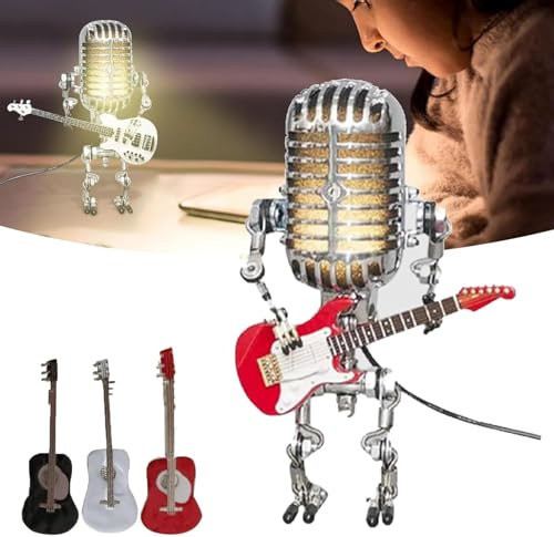 Vueeze Mic Rockbot Retro Style Microphone Robot Table Lamp, Vintage Night Light, Metal Desk Lamp, Music Lover Gifts