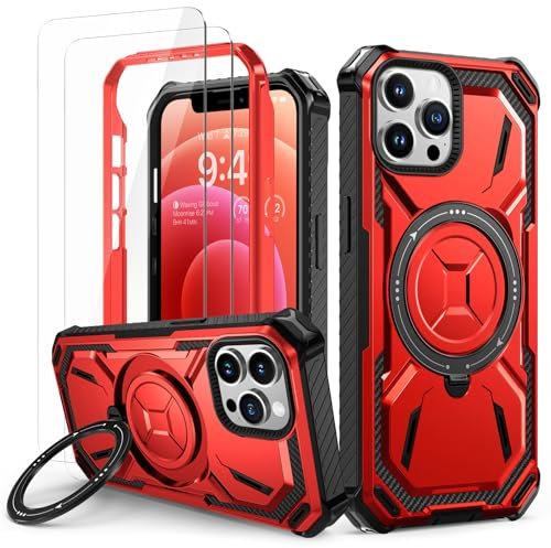 Lanhiem für iPhone 12 Pro Max Hülle mit 2 Stück Schutzfolie, 360° Ring Ständer Schutzhülle, Militärischer Stoßfest Handyhülle für iPhone 12 Pro Max Case, Rot