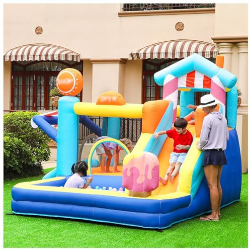 HBDSMLPL Kids Bouncy Castle with Blower with Storage Bag/Blower,Slide and Ball Pit, Trampoline, Climbing, Inflatable Bounce House for Outdoor Indoor Backyard,3.4×3.2×2.4M(LxWxH)