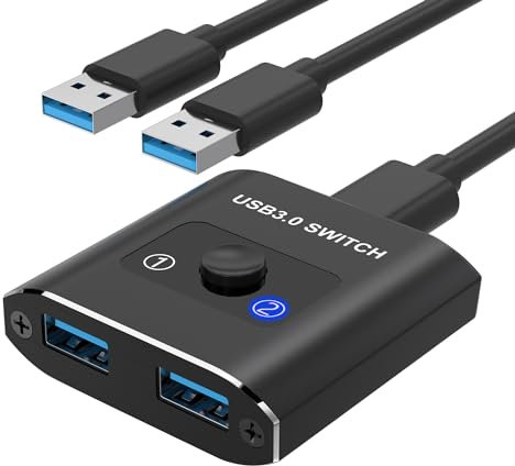 USB 3.0 Switch, Bi-Directional USB Switcher 2 in 1 Out/1 in 2 Out, Aluminum 2 Computers Share 1 Device for Printer, Mouse, Keyboard, USB Sharing Switch with 2 USB 3.0 Cables