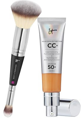 IT Cosmetics, Lot de 2 produits, Crème CC+ Anti-Âge Your Skin But Better, Haute Couvrance, Waterproof, Fini Naturel, 32 ml, Teinte Tan + Heavenly Luxe #7, Pinceau Double Embout