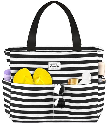 HOMESPON Große Strandtasche Damen mit Reißverschluss Wasserdicht Badetasche XXL Familie Beach Tote Bag, Schwarze/Weiß Gestreift