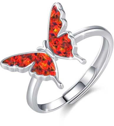 CRWENG Schmetterlingsring für Damen 925er Sterling Silber Opal/Türkis offener verstellbarer Ring exquisiter süßer Schmuck Jahrestags oder Geburtstagsgeschenk für die Geliebte (Roter Opal)