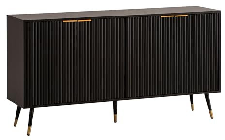 FineBuy Sideboard 150x81x39 cm Anrichte Schwarz mit Eiche-Dekor, Kommode mit Türen, Kommodenschrank Flurschrank Modern, Standschrank Wohnzimmer Metallbeine