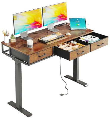 Flrrtenv Electric Standing Desk, 120x55cm Height Adjustable Standing Desk with 3 Fabric Drawers, Sit Stand Desk with 3 Memory & Charging Station, Home Office Desk, Brown