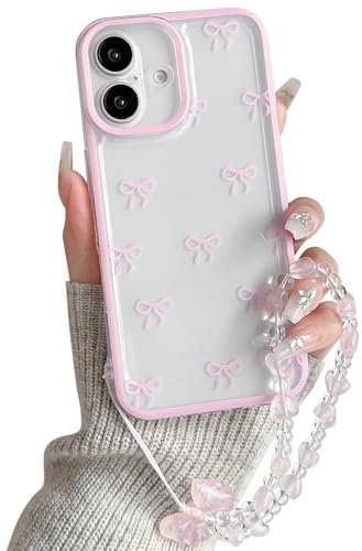 NITITOP Compatible with iPhone 16 Plus Case Cute Clear Pink Durable Ribbon Bowknot Pattern for Girls Women with Chain Wrist Strap Soft TPU Transparent Shockproof Protective Phone Cover - Pink