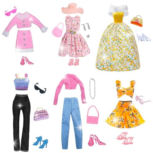 28 Stück Puppen Kleidung und Zubehör , 2 Röcke 2 Lange Ärmel 2 Bustierkleid 2 Lange Hosen 1 Hosenträger 1 Badeanzug 6 Schuhe 12 Accessoires für 11,5 Zoll Puppe Mädchen Geschenk