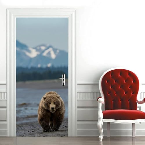 Türtapete Selbstklebend 80x200 cm Berg-Ansicht Türaufkleber 3D Brauner Bär Türposter Türfolie Poster Tapete PVC Wasserfest für Schlafzimmer Wohnzimmer Tür A-317