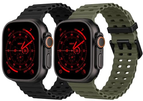 2 Pack Ocean Silicone Sport Strap - Compatible with Apple Watch Ultra 2/Ultra Strap 49mm 45mm 44mm for Men Women, Breathable Soft Waterproof Band for iWatch Ultra 2/Ultra Series 10 46mm SE/9/8/7/6/5