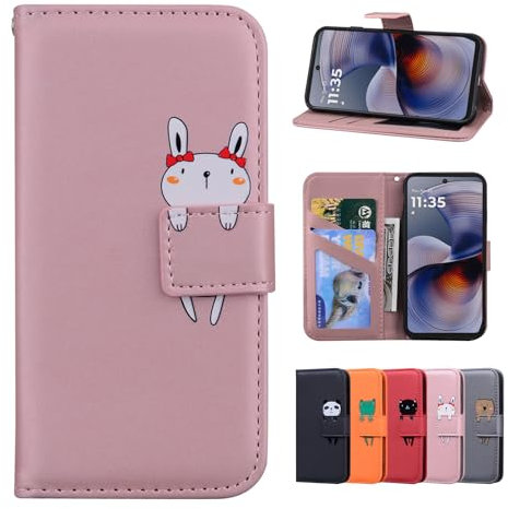 Rostsant Custodia Motorola G55 Cover in Pelle PU Portafoglio Magnetica Supporto Custodia a Libro Per Motorola Moto G55 Coniglio Rosa