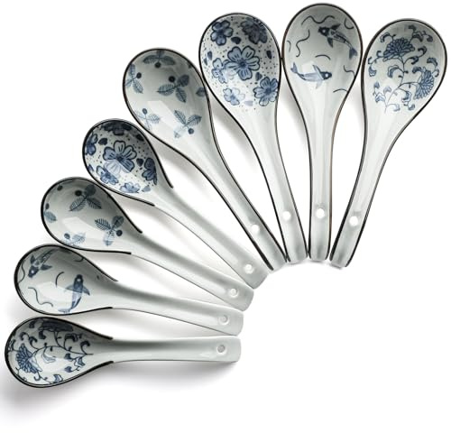 Chinese Soup Spoons Set of 8 Ceramic Spoons for Ramen Miso Soup Dumplings Pho Tablespoons (8, S4+M4)