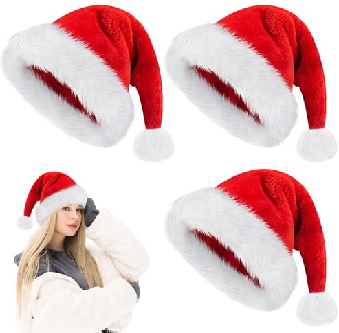 Ntwdby 3 Stück Weihnachtsmütze Nikolausmütze Erwachsene, Damen Herren plüsche weihnachtsmann mütze, Rote Santa Mütze Nikolaus Warm Dicker Fellrand, für Weihnachtsfeiern, Partys im neuen Jahr