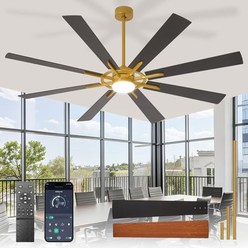 Depuley Große Deckenventilatoren mit Beleuchtung: Moderner 72-Zoll-Deckenventilator für den Außenbereich mit 8 Flügeln und APP-Steuerung - Dimmbare schwarze Gold-Beleuchtung für große Ventilatoren