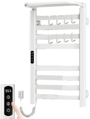 KLGFBDC Electric Heated Towel Rack 360° Rotating Towel Warmer with LED Touch Display 8 Bars Clothes Drying Rack for Bathroom/Shower Hot Tub (White)