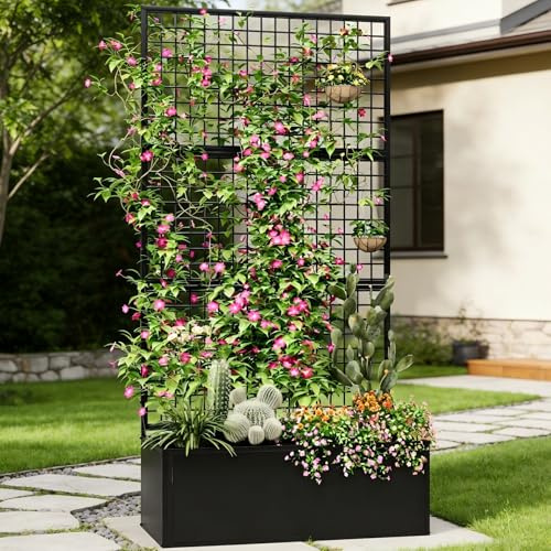 Privacy Planters for Patio – Metal Raised Garden Bed with Trellis and Privacy Screen, 71 x 35 x 16 Planter Box with Drainage Holes for Climbing Plants, Vegetables, and Vines, Outdoor Backyard Black