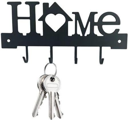 Onperpoe Sweet Home Key Holder for Wall Cabin Home Design Black Metal Key Hooks Wall Mounted with 4 Hooks Sturdy Iron Space-Saving Key Hanger for Entryway & Kitchen (B)