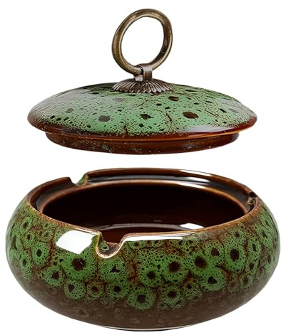 Keramischer Aschenbecher mit Deckel,Keramik Aschenbecher | Zigarettenaschenbecher für drinnen und draußen, Schreibtischdeko für Haus und Büro (Grün)