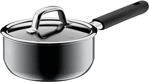 WMF Fusiontec Mineral Stielkasserolle mit Glasdeckel 16 cm, Kochtopf klein 1,3l, Induktion, High-Tech Keramik, Silikonhülle, kratzfest, grau