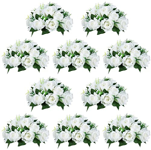 NUPTIO Pcs of 10 Fake Flower Ball Arrangement Bouquet,15 Heads Plastic Roses with Base, Suitable for Our Store's Wedding Centerpiece Flower Rack for Parties Valentine's Day Home Décor (Pure White)
