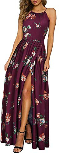 KILIG Maxikleid Damen Sommer Neckholder Sommerkleid Elegant Lang Maxi Kleid Hochzeitsgast Schlitz Freizeitkleid (Floral-C,Large)