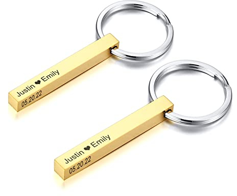XUANPAI Personalisierte Maßgeschneiderte Vertikale Überzogene 4 Seitige Können Graviert Werden Edelstahl Minimalistischen Quader Bar Keychain Schlüsselanhänger Geschenk Unisex Gold 2 Stücke