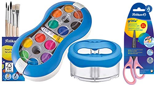 Pelikan Deckfarbkasten Space+ 735 SP/12 mit 12 Farben und 1 Tube Deckweiß/Starter-Set (blau mit Space-Wasserbecher + Pinsel-Set + Bastelschere)