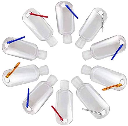 Refillable Plastic Bottles with Flip Top 50ml Travel Size Belt Clip Hook Carabiner Mini Liquid Gel Portable Dispenser Leakproof Container (Pack of 10)