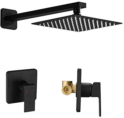 Heable Set rubinetto doccia nero opaco, kit di finiture per doccia a funzione singola con valvola ruvida, sistema di soffione doccia quadrato incluso braccio doccia extra lungo per bagno