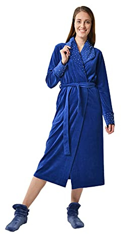 DeSen Damen Bademantel Morgenmantel Saunamantel Loungemantel super flauschig und weich mit Metalldekorationen (36/38, RoyalBlau)